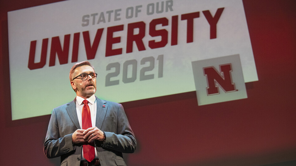 Chancellor Ronnie Green delivered the 2021 State of Our University address in the Lied Center for Performing Arts on Feb. 15. The event included videos featuring a look back on 2020 and reports from campus academic leaders.