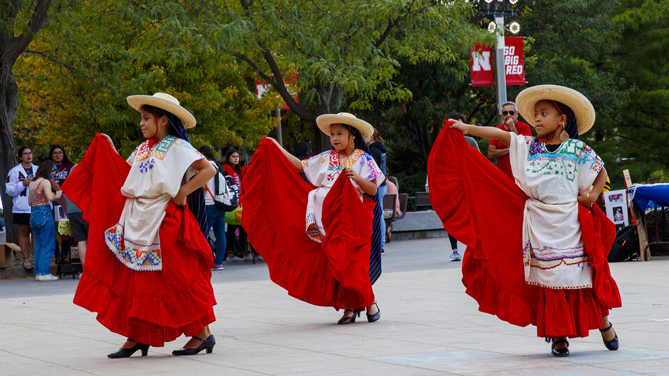 Sangre Azteca dances as part of Fiesta on the Green on the Nebraska Union Plaza.