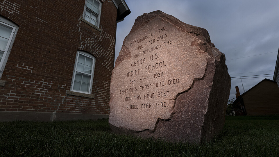 A monument is erected outside the former Genoa Indian Residential School in Genoa, Nebraska.