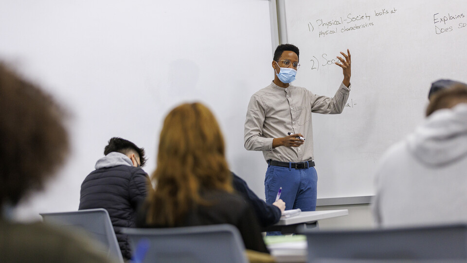 Jordan Charlton discusses with his class during the ETHN 100 - Introduction to Ethnic Studies course Feb. 1.