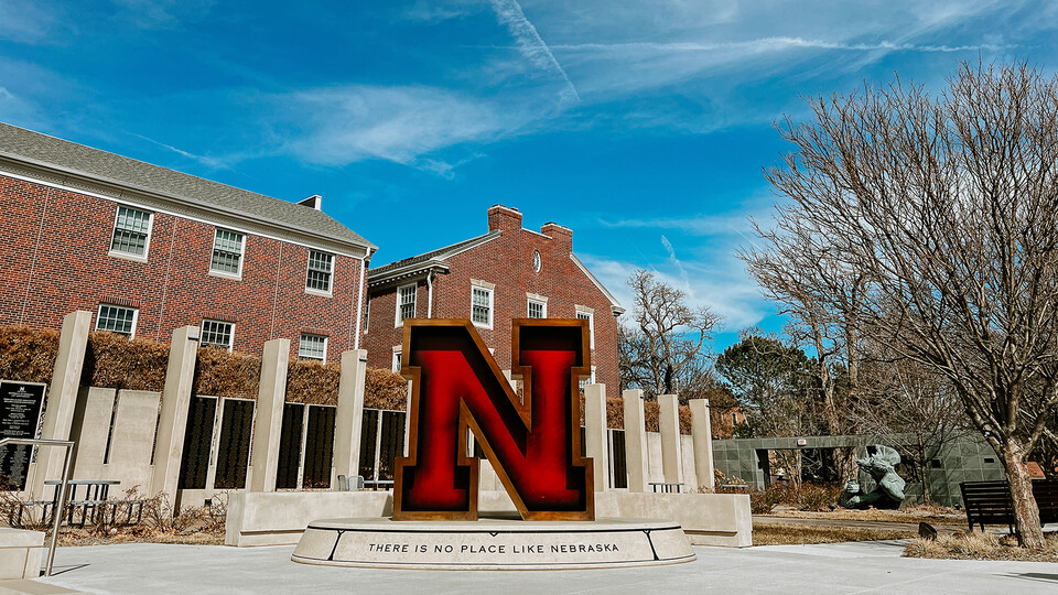 "Value of the N" sculpture in the Nebraska Alumni Association's Holling Garden.