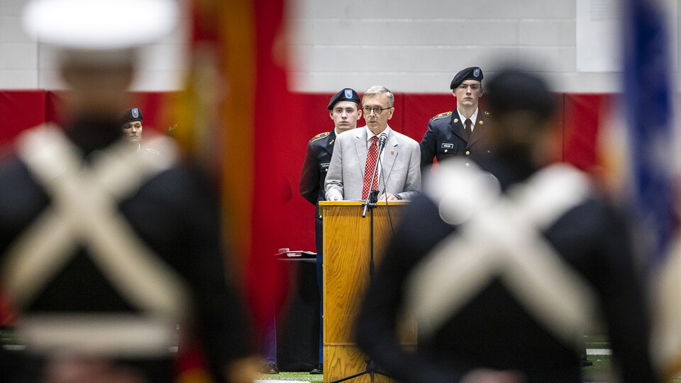 Chancellor Ronnie Green addresses ROTC cadets during the annual review in Cook Pavilion on April 21.