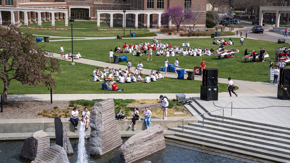 Student volunteers gather on the Meier Commons greenspace during the Big Event.