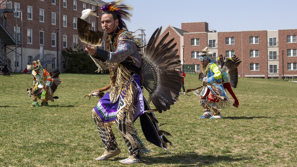 Maurice Phillips of Lincoln, a member of the Omaha tribe, dances during the UNITE event. Phillips also served as a singer with the Omaha White Tail drum group.