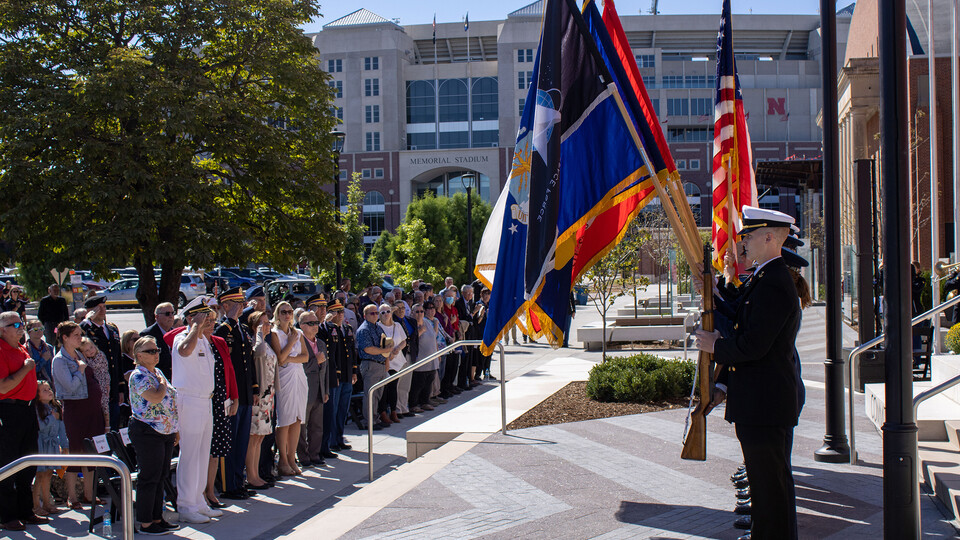 A color guard presents the flags during the dedication of the Veterans Tribute Sept. 11, 2022