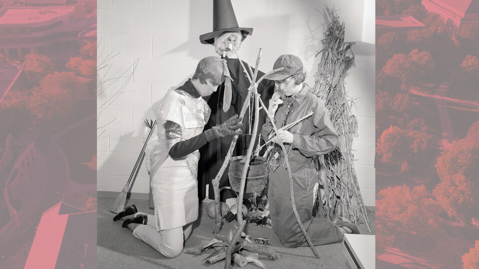 Pound Hall dormitory residents Pat Hinds (left) and Kathy Varner photographed at the Pound Hall Halloween party on Oct. 31, 1964. Their photo was included in the 1965 Cornhusker Yearbook. Built in 1963, Pound Hall was razed in December 2017. 