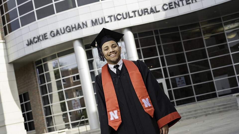 Ra'Daniel Arvie is photographed in front of the Gaughan Multicultural Center