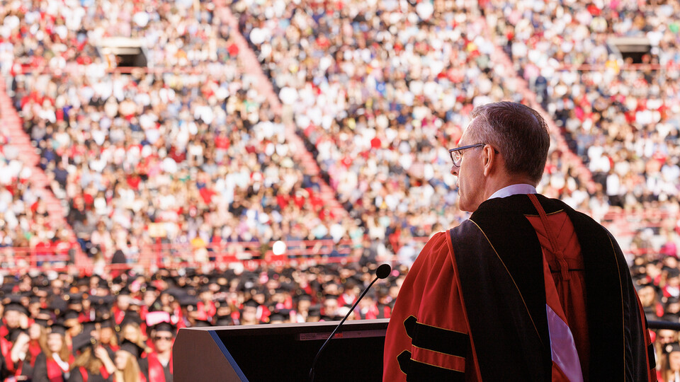 Chancellor Ronnie Green addresses graduates in Memorial Stadium on May 20.
