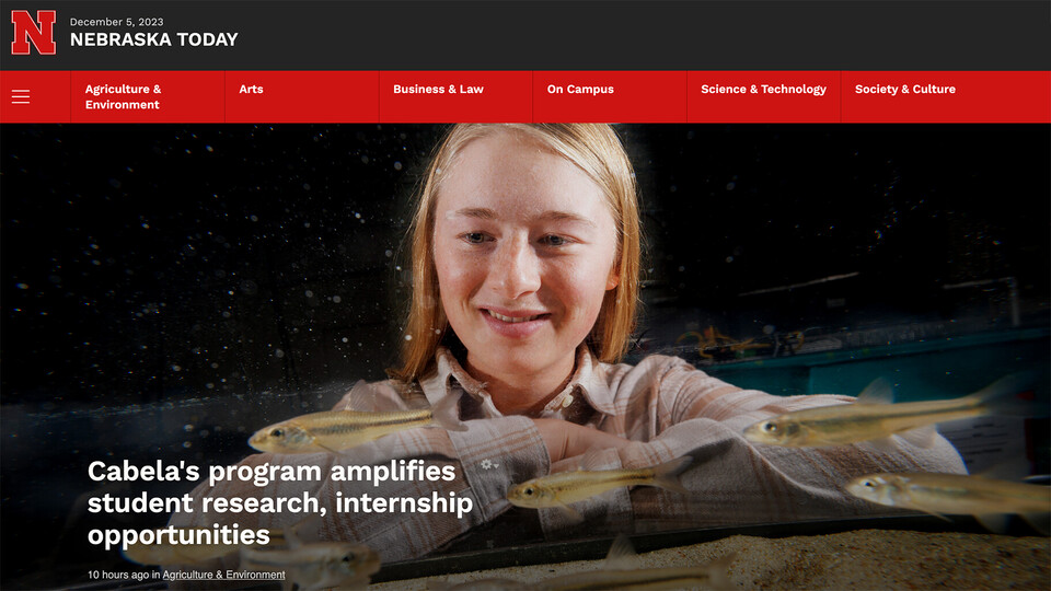 Screenshot of the Nebraska Today website featuring a story on an internship with Cabela's. Learn more at https://news.unl.edu/newsrooms/today/article/cabelas-program-amplifies-student-research-internship-opportunities/.