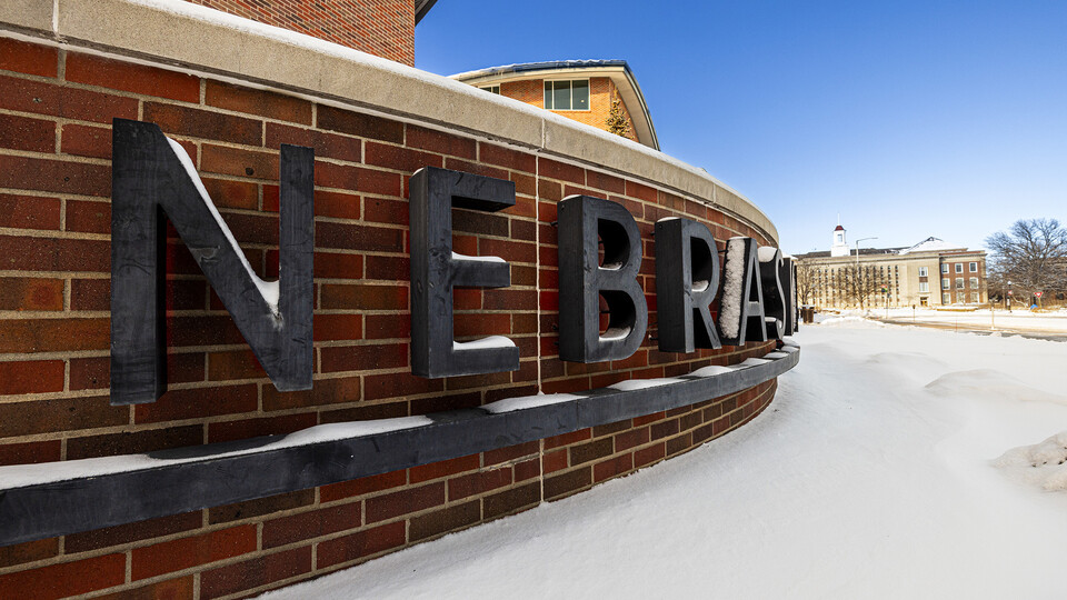 The Nebraska sign outside the Visitors Center shows signs of the Jan. 8-9, 2024, snowstorm.