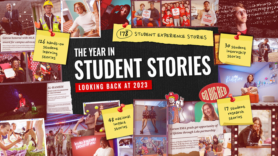 "Year in Student Stories: Looking back at 2023" graphic featuring student photos from the previous year. Overall, University Communication and Marketing released 178 student experience stories; 126 hands on learning stories; 48 national impact stories about Huskers; 30 student internship stories; and 17 student research stories.