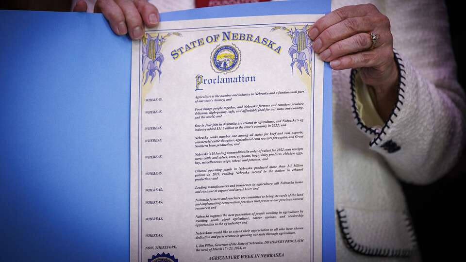 Photo of the Nebraska Ag Week proclamation signed by Gov. Pillen on March 19 at Nebraska Innovation Campus.