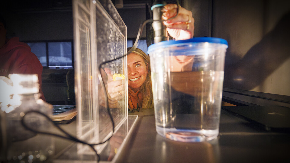 Ashlin Broz, a freshman nutritional science and dietetics major from Hayes Center, Nebraska, reacts as she checks the oxygen sensor during a photosynthesis experiment on March 26 in a Manter Hall lab. The experiment is part of a Fundamentals of Biology course (LIFE 120L) offered through the School of Biological Sciences.