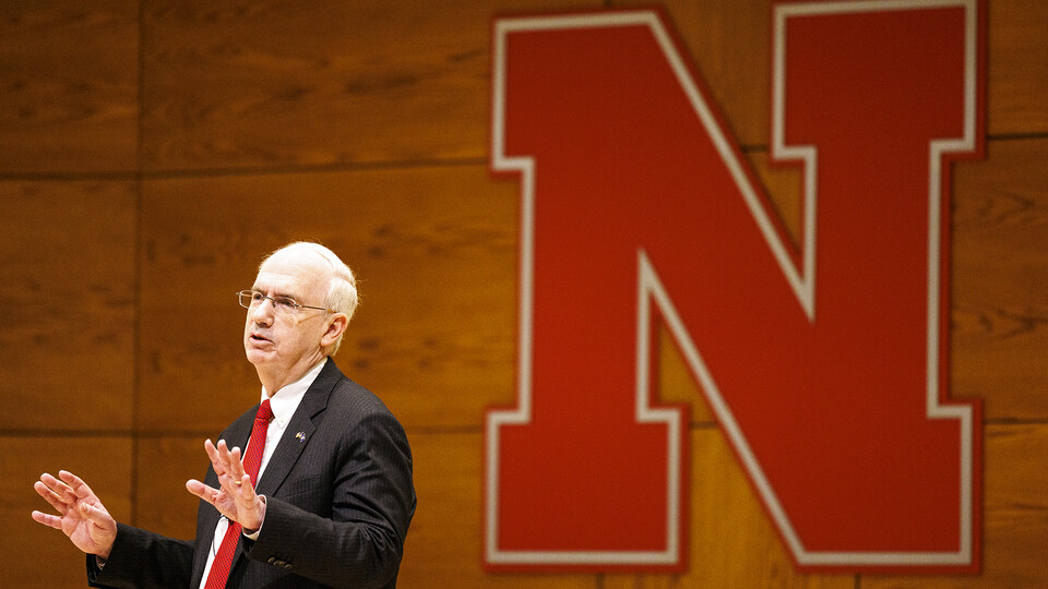 Dr. Jeffrey P. Gold answers questions during the April 15 public forum in the Nebraska Union.