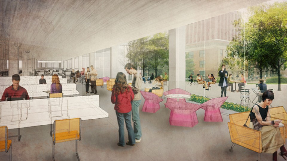 A concept drawing of the interior of the library commons project proposed for the first floor of Love Library North.