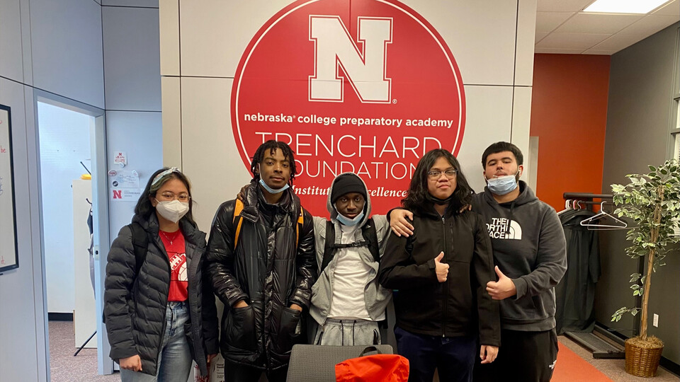 Omaha North High School juniors participating in the Nebraska College Prep Academy pose for a photo while shadowing classes, exploring dining halls, learning about Dear Old Nebraska U and hanging with Moi Padilla on Feb. 28. Learn more at https://go.unl.edu/cm7f.