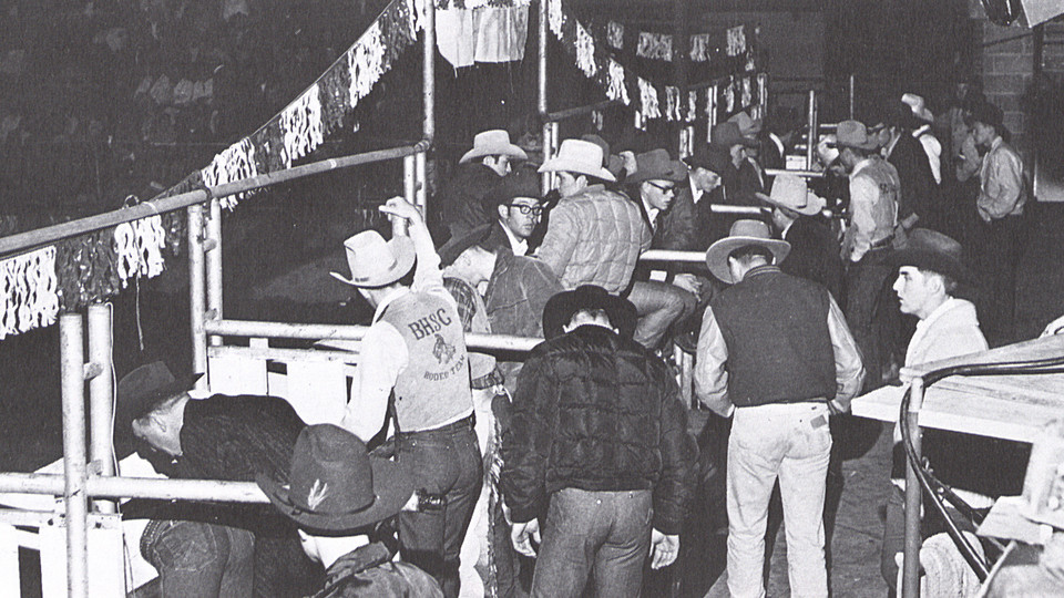 Students prepare to compete in the University of Nebraska–Lincoln's 13th rodeo, held in 1971. The event is organized annually by the Rodeo Club.