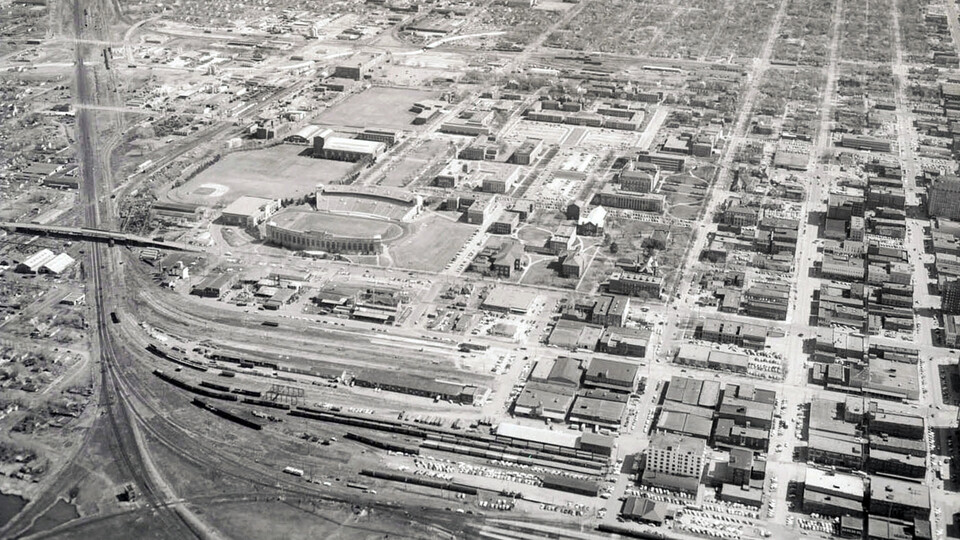 Aerial view of campus in spring 1959.