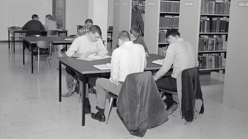 University of Nebraska students study in the new East Campus library space in this image from December 1964.