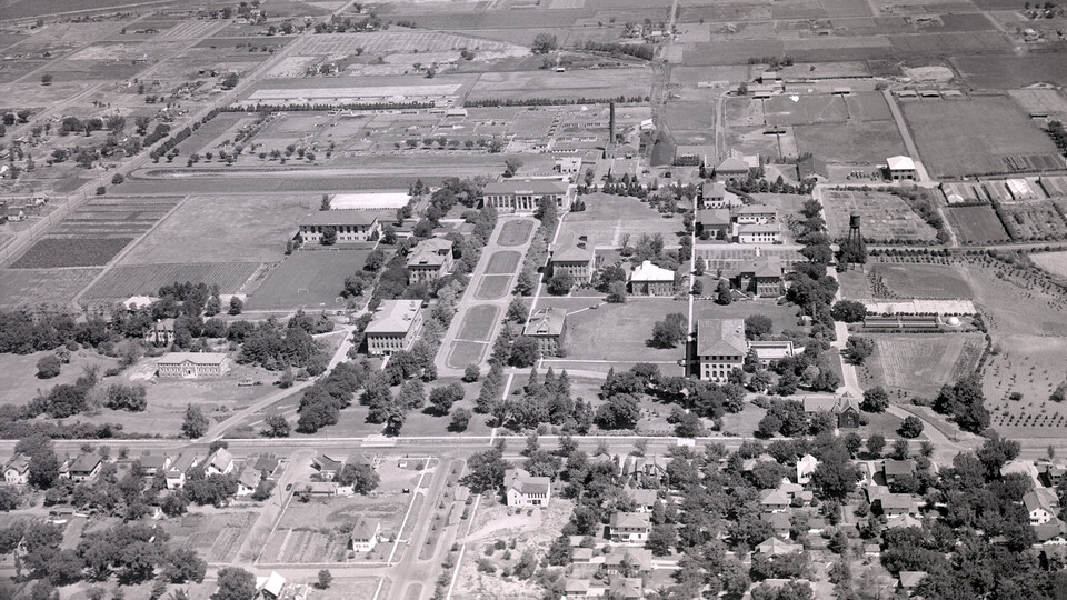 In this aerial view of east campus from 1941, Love Memorial Hall (on the lower left) had recently been completed and would soon provide housing for 48 students. 