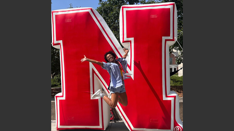 A Husker celebrates with a photo in front of Nebraska's iconic "N" during New Student Enrollment on June 17. Learn more at https://www.instagram.com/p/Ce7F_75rGqa/.