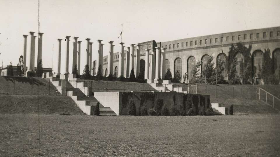 Original placement of the iconic columns on the northeast corner of Memorial Stadium. The seating area overlooked what was a new athletic field, which later was transformed into Ed Weir Stadium.
