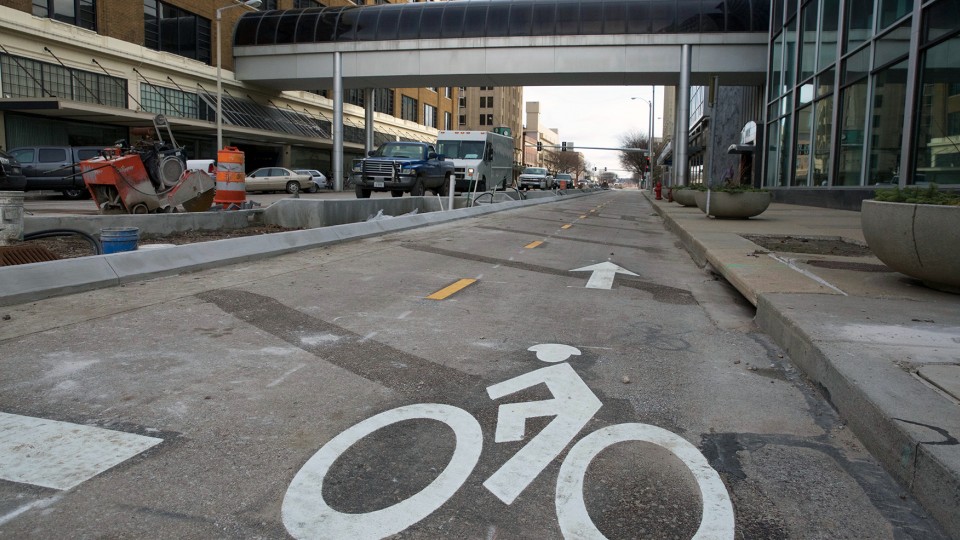 The N Street cycle track along N Street in downtown Lincoln features a dedicated two-lane bike path separate from traffic and pedestrians. The new route opens the week of Dec. 21.