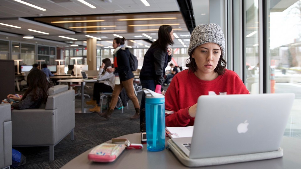 Eleanor Avery, a freshman supply chain management major, studies in Love Library's new Adele Hall Learning Commons on its Jan. 11 opening day. The space offers a variety of study and collaboration options to UNL students and is open 24 hours every day.