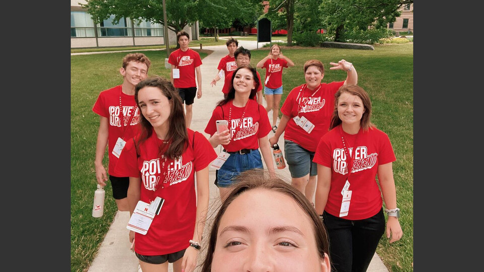 Laynie Berkey (center), an emerging media arts student celebrated a successful Power-Up Weekend with a series of photos capturing the experience. The event, held June 24-26, helps prepare first-year Huskers for the start of college in the fall. Learn more at https://go.unl.edu/ygaq.
