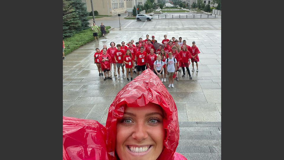 Aleksandra Glowik, a junior psychology and political science major, marked the end of New Stu-dent Enrollment with a series of photos from the summer, including this selfie with a group of first-year Huskers. Learn more at https://go.unl.edu/a9ud.