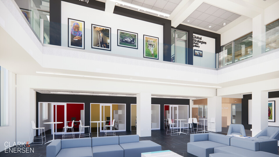 An architect’s rendering of the global education space show the photo gallery and interactive meeting spaces that will be renovated in Pound Hall. 