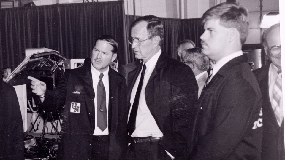 President George H.W. Bush tours Nebraska research facilities during his June 13, 1989 visit to campus. The stop included a Devaney Sports Center speech about renewable energy sources.