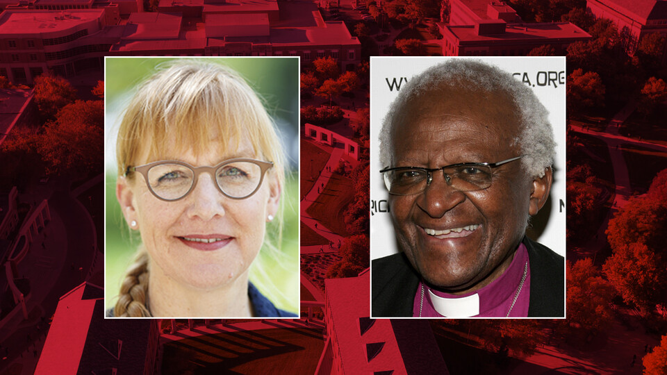 Mug shots of Eileen Bergt and Archbishop Desmond Tutu. The photo of Tutu is courtesy of Tinseltown via Shutterstock.