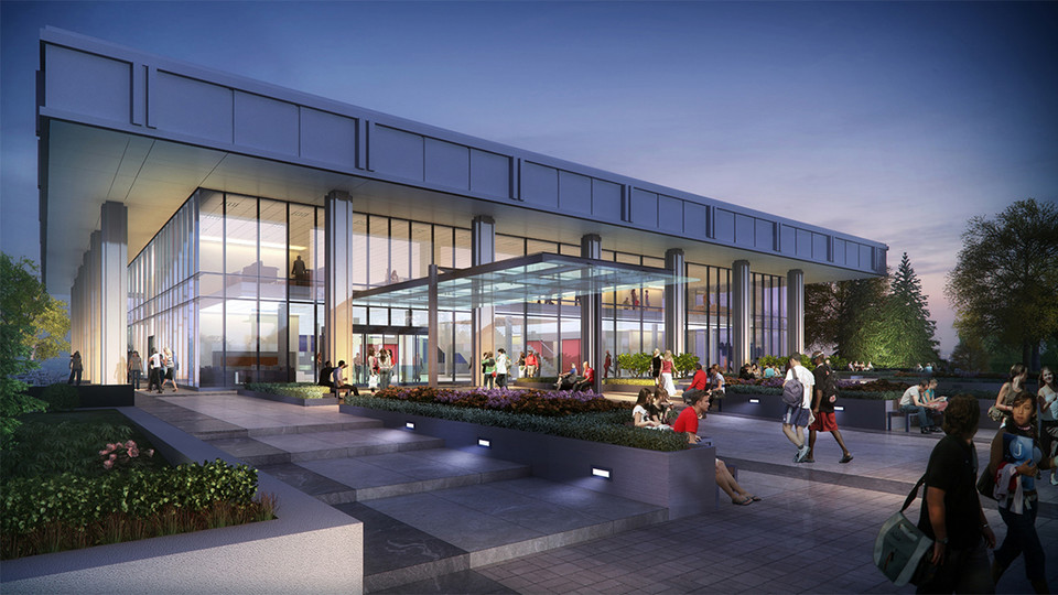 The exterior facade of a renovated C.Y. Thompson will change from pre-cast concrete panels and small windows to ground-to-roofline glass. This rendering also shows a concept for how the building will link to Legacy Plaza. Plans for the plaza are being finalized by university leaders.