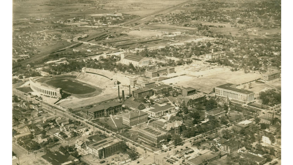 An aerial view of City Campus, including the recently built Memorial Stadium