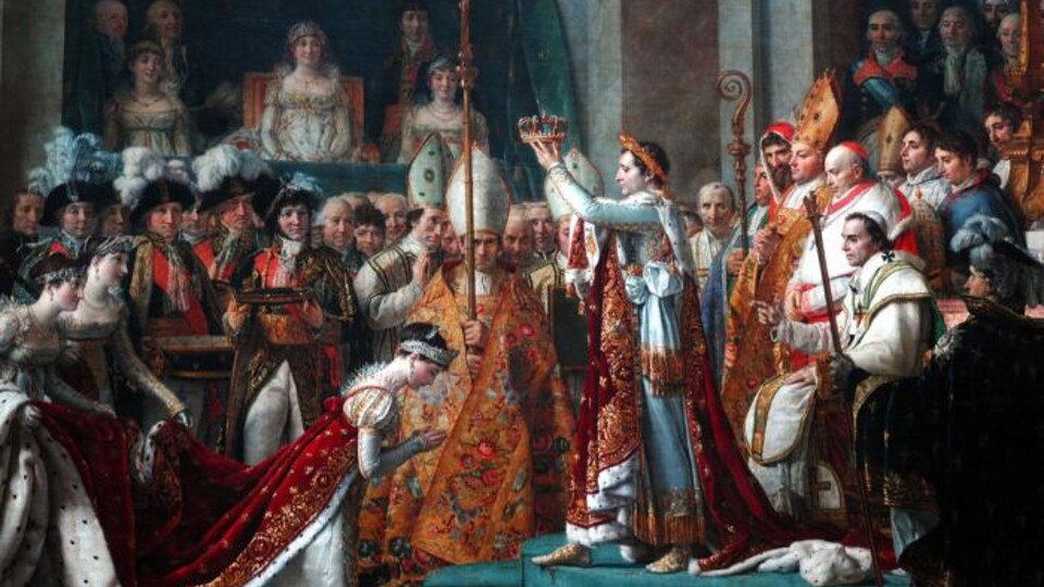 This painting by Jacques-Louis David depicts the infamous ceremony of Napoleon Bonaparte officially assuming the title of Napoleon I, Emperor of the French People.