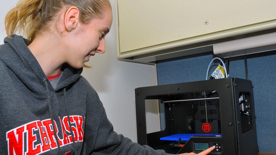 Marissa Clow, a senior interior design major, was hired to set up and run the 3D printer at Print Services. The new service was unveiled during the Supplier Showcase on Oct. 22.