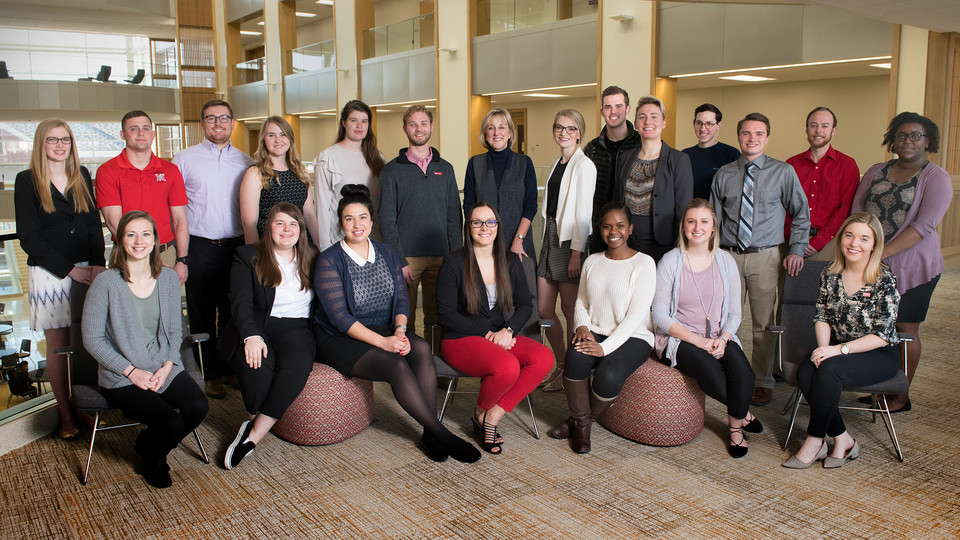 Members of the Executive Vice Chancellor’s Student Advisory Board include (seated, from left) Kylie Miller, Alexis Grossnicklaus, Nicole Iraola, Brook McCluskey, Yakira McKay, Alison Manske, Sklyer Dykes, (standing) Carissa Soukup, Seth Carithers, Joe Zach, Ellie Blusys, Julia Reilly, Trevor Spath, Donde Plowman, Olivia Beier, Hunter Traynor, Claire Adams, Cooper Creale, Grant Uehling, Luke Schnacker and Joy Kathurima. Not pictured are Alan Davis, Calen Griffin, Nadir Al Kharusi, Ashley Kocina Young, Jewel Rodgers and Sarah Smith.