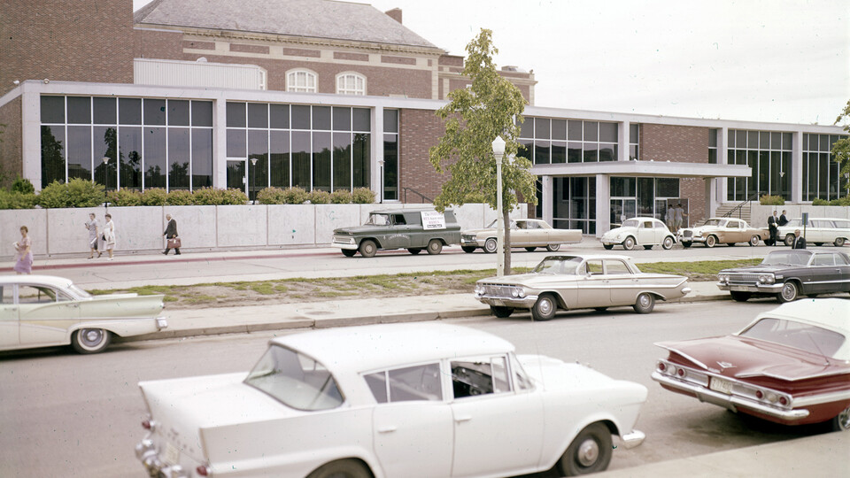  An exterior view of the Nebraska Union from 1964 shows the edition completed in 1959.
