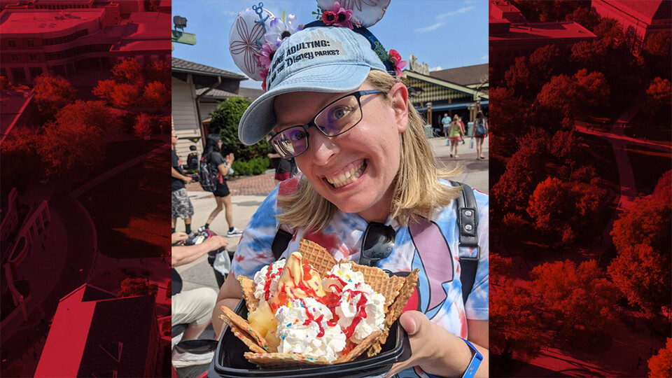 Sarah Fredregill, a finance coordinator in the Department of Chemistry, is also a Disney fanatic. She is shown here enjoying an ice cream nachos at Disney World.