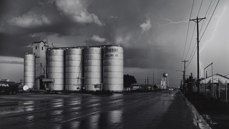 Guest curator Carrie Morgan selected this photo, "Landscape -- Grain Elevator and Lightning Flash, Lamesa, Texas," by Frank Gohlke for the "15 Photographs, 15 Curators" exhibition at Sheldon Museum of Art.