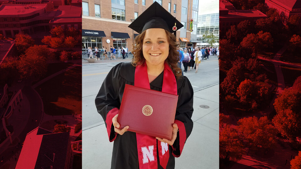 Tiffany Groteluschen, an administrative associate with the College of Journalism and Mass Communications, holds her degree outside of Pinnacle Bank Arena. Groteluschen is a first-generation college graduate.