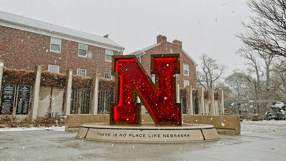 Nebraska N on a snowy day