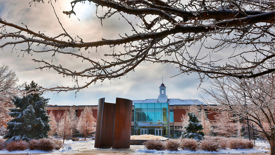 A view of Love Library on a cloudy winter day