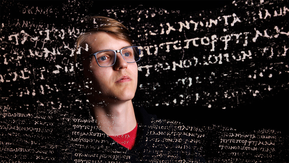 The face of Luke Farritor superimposed with Greek text from a scroll that his machine-learning model has helped decipher