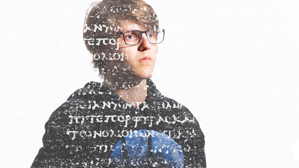 Luke Farritor superimposed with Greek text from a scroll that his machine-learning model has helped decipher