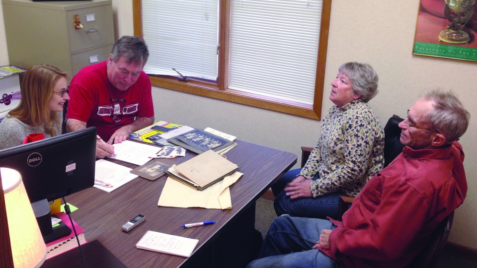 UNL students Erika Eynetich and Mike Dick conduct an interview with Annette and Jim Stier about their family history during the History Harvest Saturday at the American Historical Society for Germans from Russia museum.