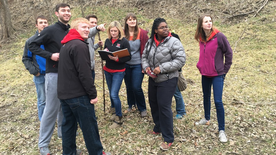 UNL landscape architecture students explore Fairmount Park in Council Bluffs, Iowa. The park is being rehabilitated and UNL students are among a group of partners assisting the Council Bluffs Parks and Recreation department with the project.