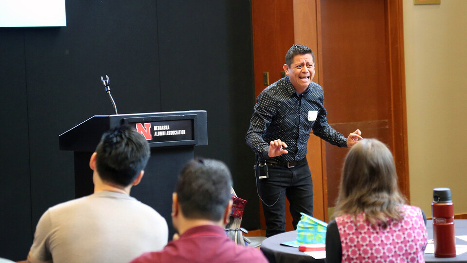 Héctor Palala reacts as he delivers his winning 2023 Student Research Slam presentation on lessons learned teaching young schoolchildren in the highlands of Guatemala.