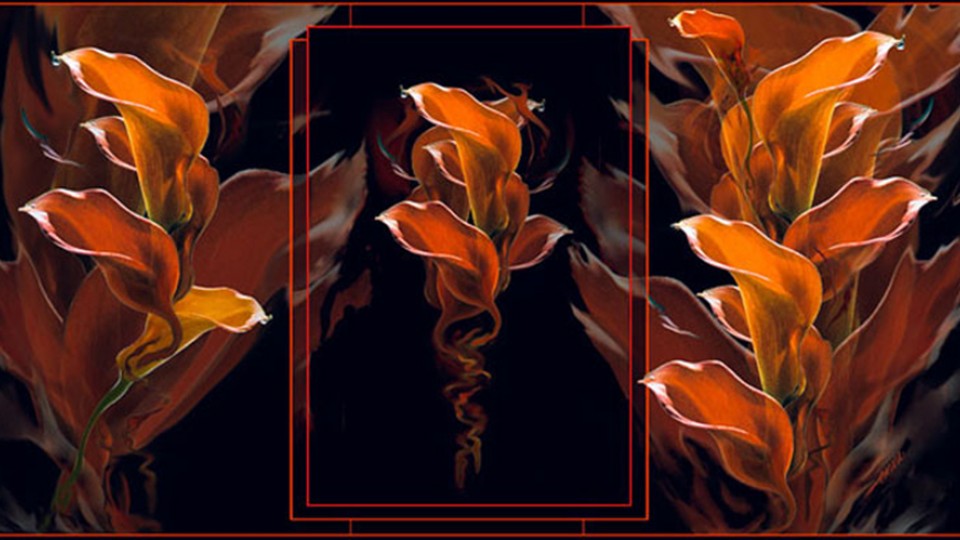 The "Alumni Artists: 1945-1969" exhibition includes work from 37 alumni. Pictured is "Lilies on Fire," a digital art design by 1968 graduate Anna (Temmers) Ilvess-Barber.